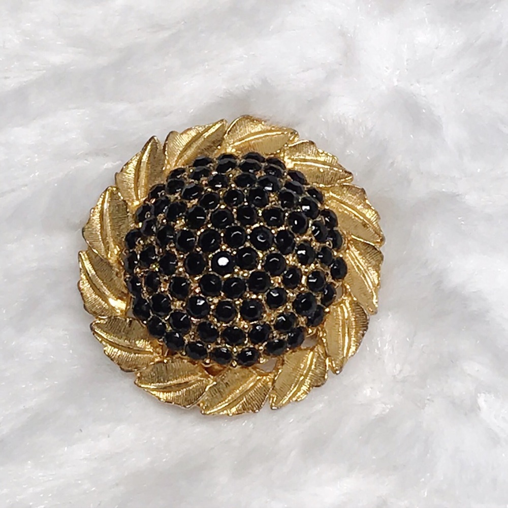 Sunflower Brooch Vintage Gold Metal Black Rhinestones